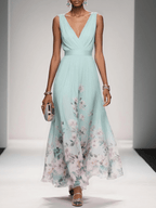 Women's Sleeveless Floral Print Dress with V-Neck and A-Line Silhouette - Light Green