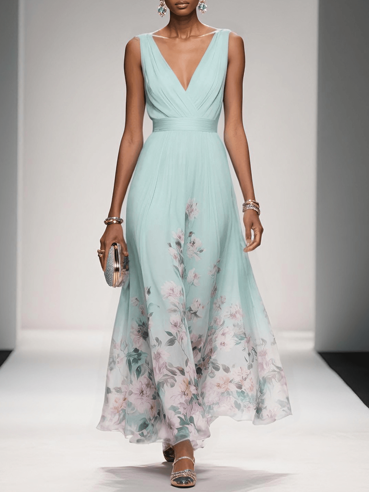 Women's Sleeveless Floral Print Dress with V-Neck and A-Line Silhouette - Light Green