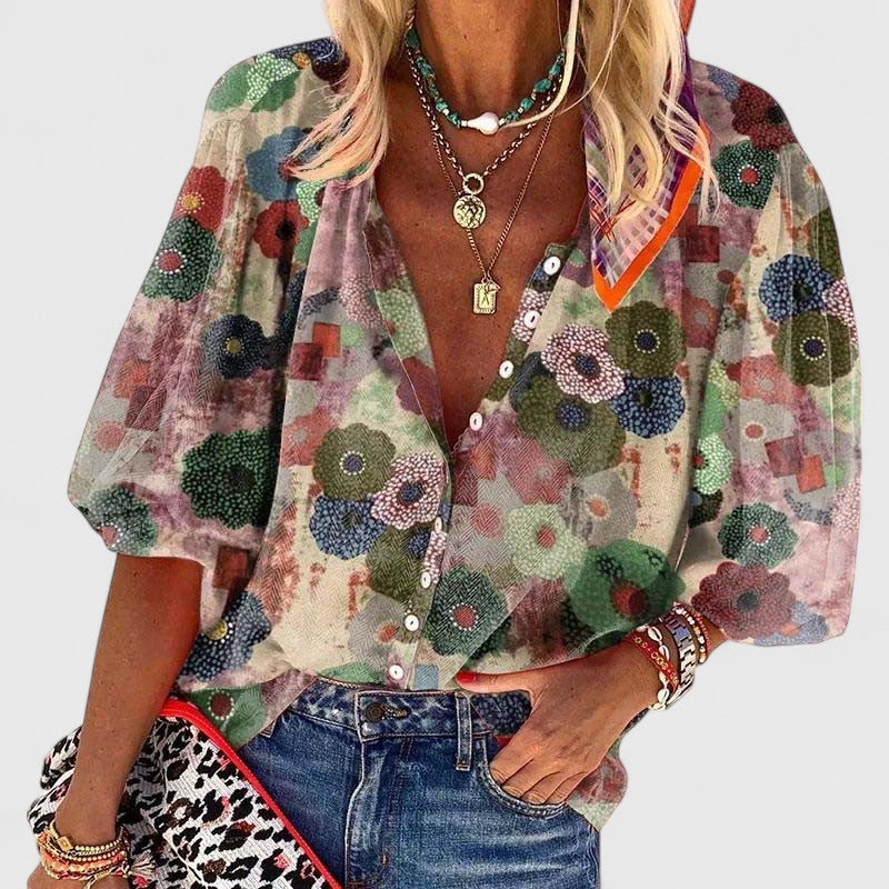 Women's Floral Print Blouse with Button Placket and Long Sleeves - Green