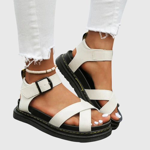 Women's Sandals with Crossover Straps and Buckle Fastening - White