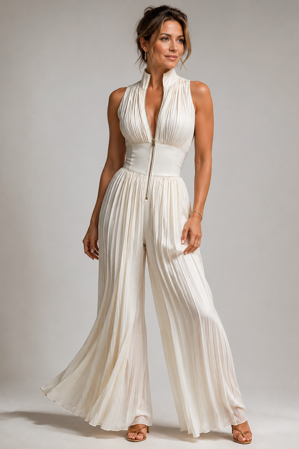 Women's Pleated Jumpsuit Sleeveless with Plunge Neckline and Wide Leg - Cream