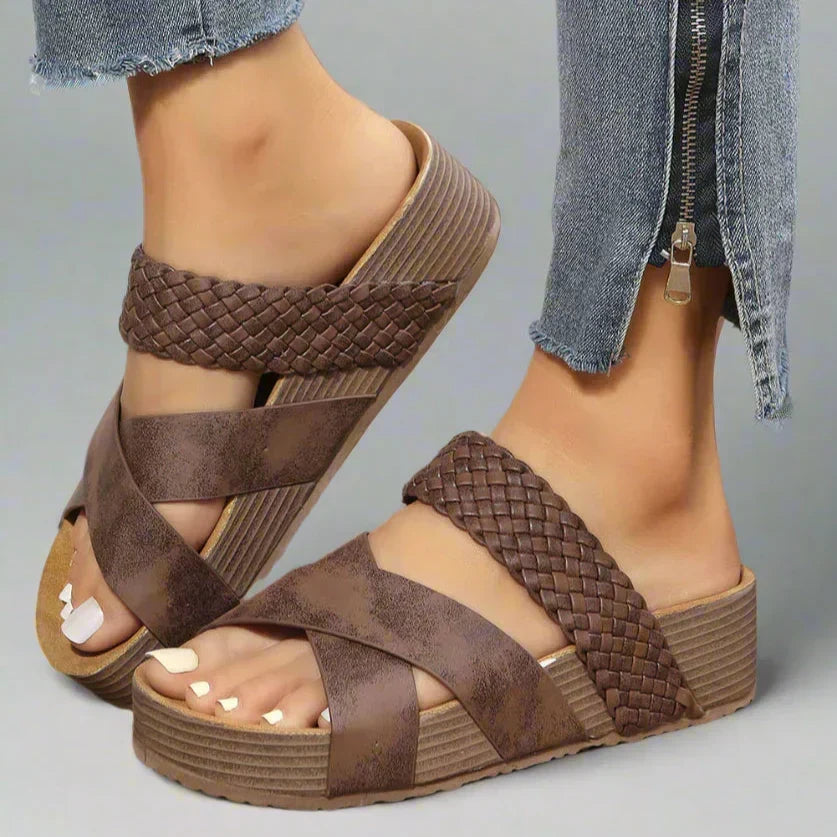Women's Wedge Sandals with Woven Crossover Straps - Brown