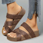 Women's Wedge Sandals with Woven Crossover Straps - Brown