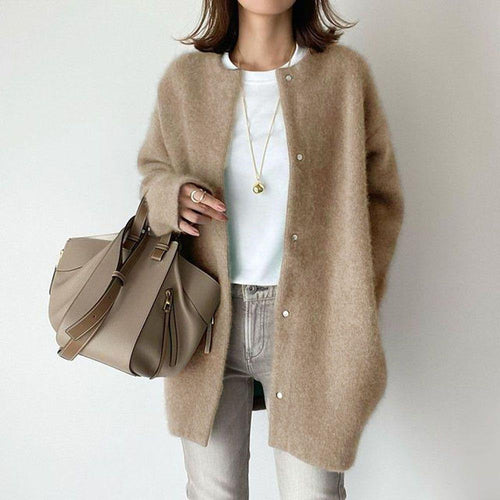 Women's Relaxed Fit Coat with Snap Button Front and Round Neck - Khaki