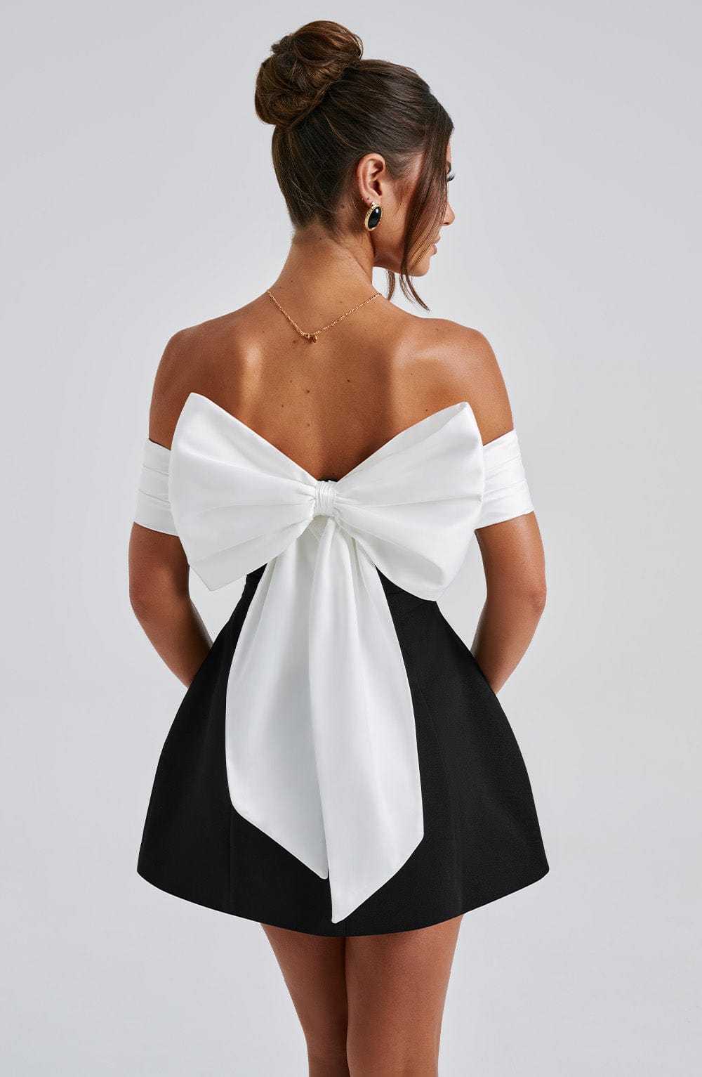 Women's Mini Dress Bardot Neckline with Back Bow and Bubble Skirt - 7