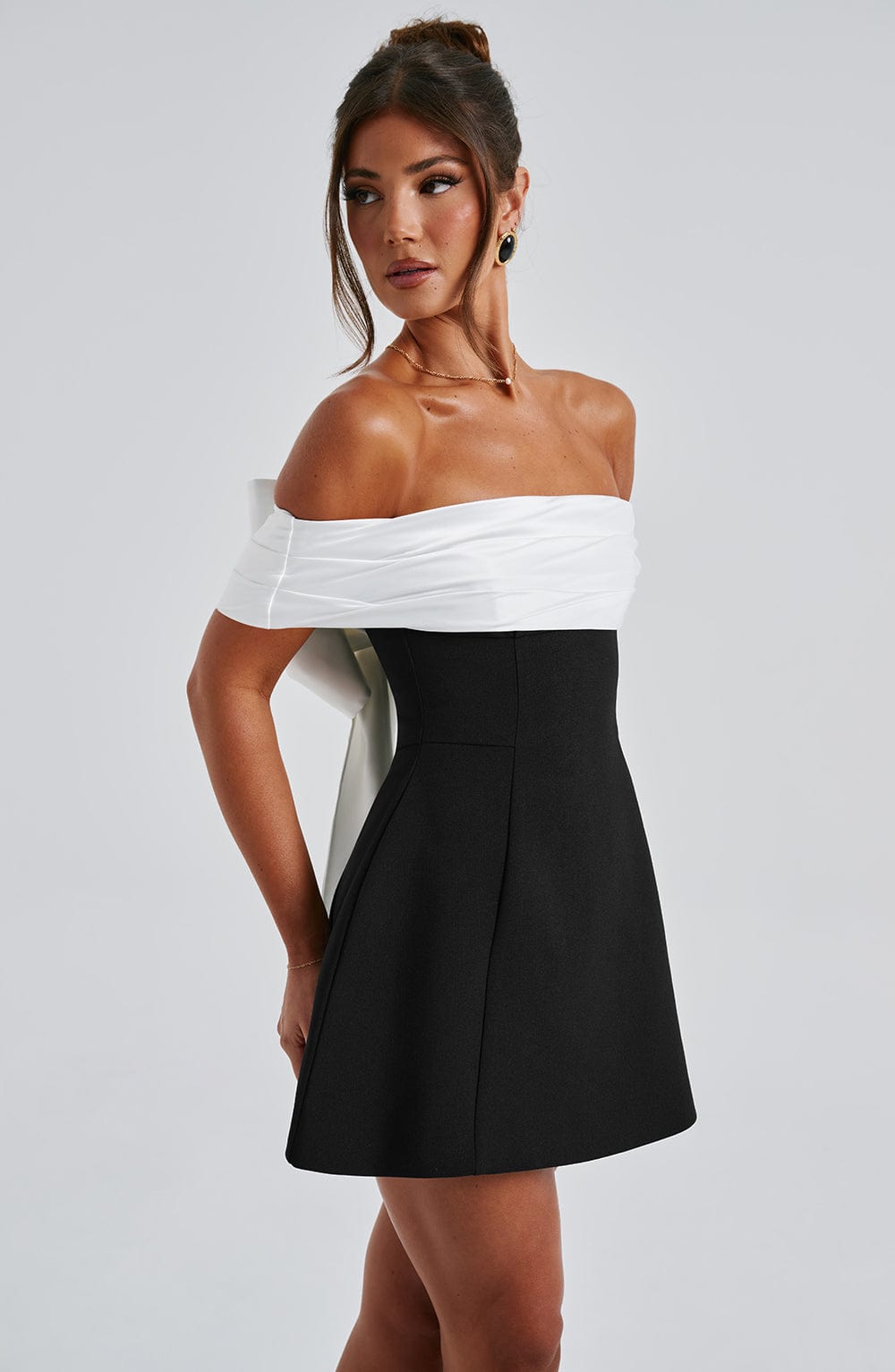 Women's Mini Dress Bardot Neckline with Back Bow and Bubble Skirt - 9