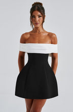 Women's Mini Dress Bardot Neckline with Back Bow and Bubble Skirt - 6