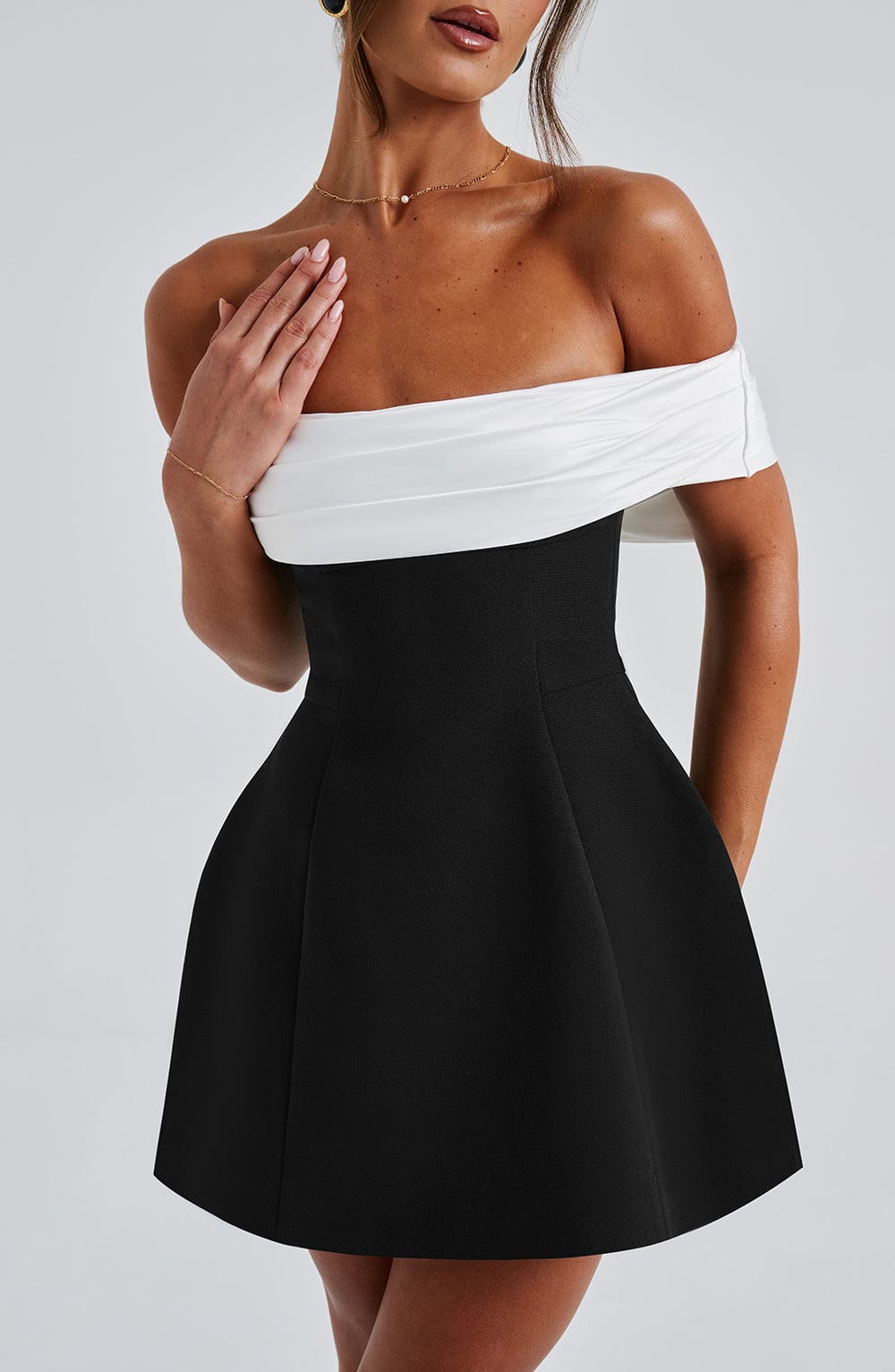 Women's Mini Dress Bardot Neckline with Back Bow and Bubble Skirt - 5