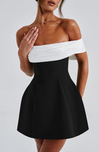 Women's Mini Dress Bardot Neckline with Back Bow and Bubble Skirt - 5