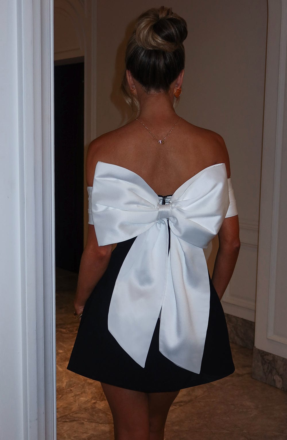 Women's Mini Dress Bardot Neckline with Back Bow and Bubble Skirt - 3