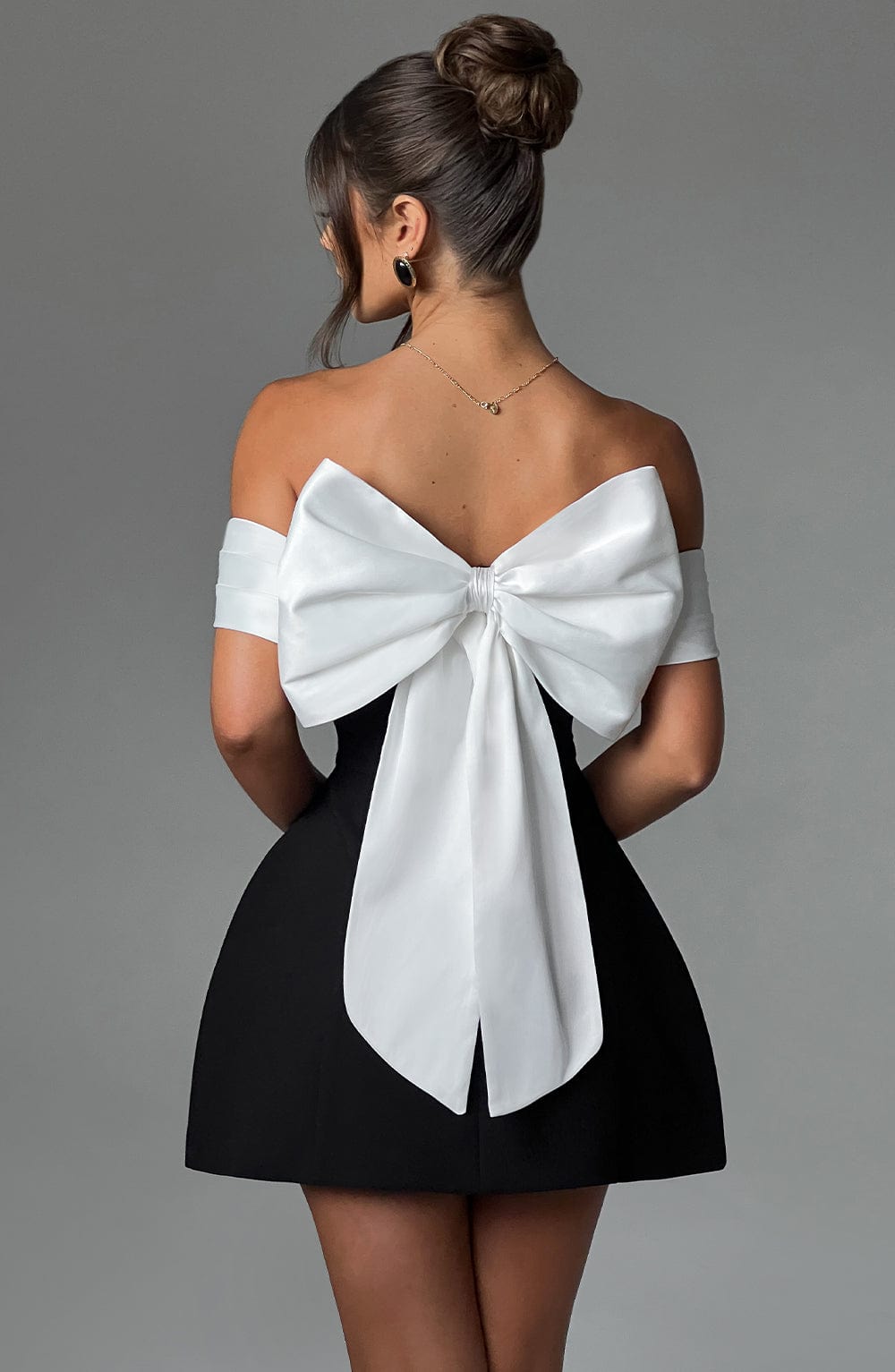 Women's Mini Dress Bardot Neckline with Back Bow and Bubble Skirt - 11