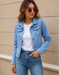 Women's Cropped Jacket with Chest Pockets and Button Front - Light Blue