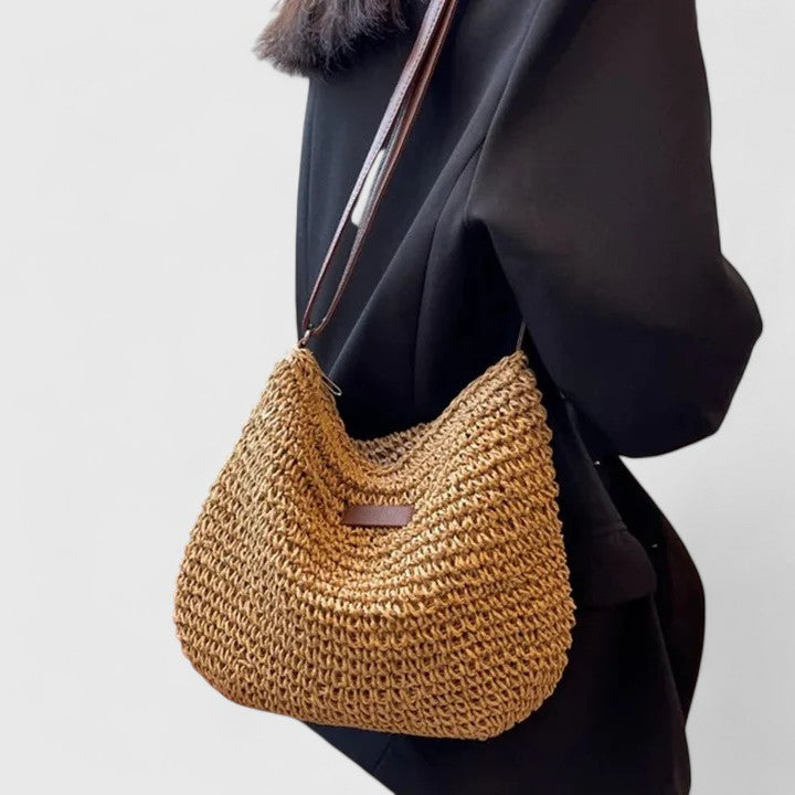 Women's Slouchy Woven Shoulder Bag with Adjustable Strap - Khaki