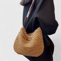 Women's Woven Shoulder Bag with Adjustable Strap - Khaki