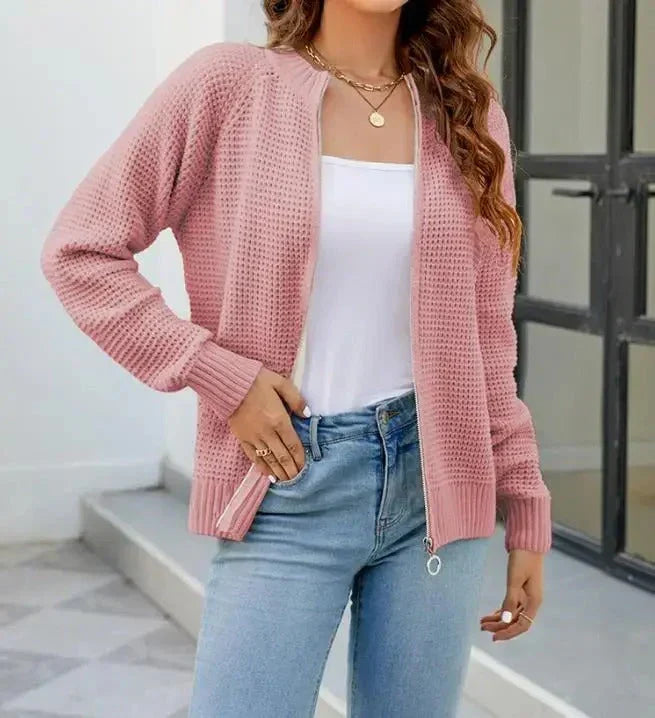 Women's Zip-Up Cardigan with Long Sleeves and Round Neck - Pink