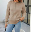 Women's Zip-Up Cardigan with Long Sleeves and Round Neck - Khaki