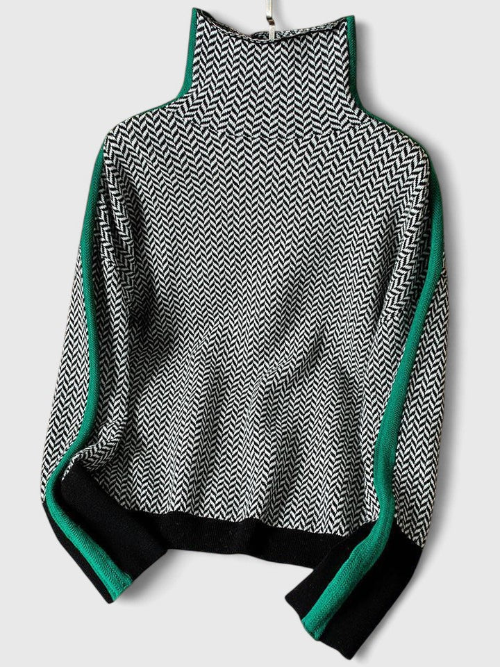 Women's Jumper High Collar with Contrast Stripe - Green