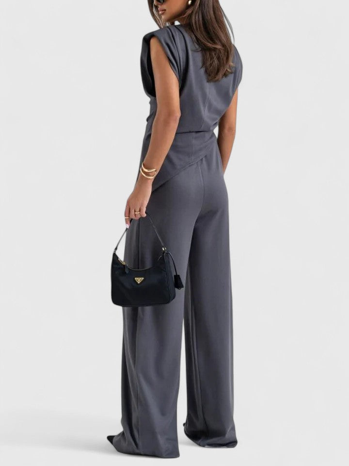 Women's Two-Piece Set Sleeveless Draped Top with Wide-Leg Trousers - 12