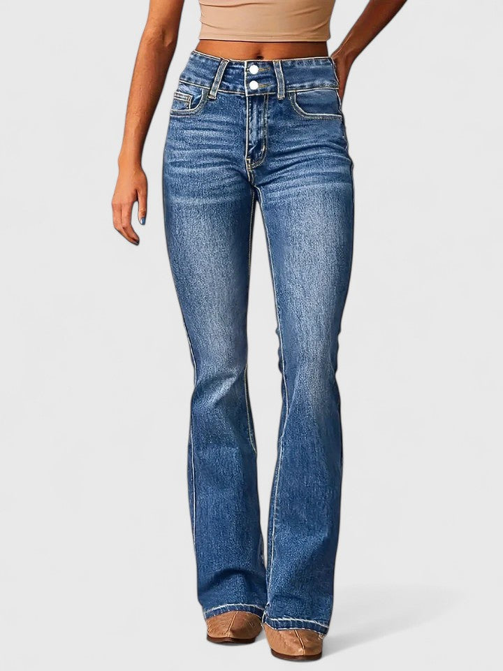 Women's Flared Trousers with Zip Detail and Fitted Hip - Ocean Blue