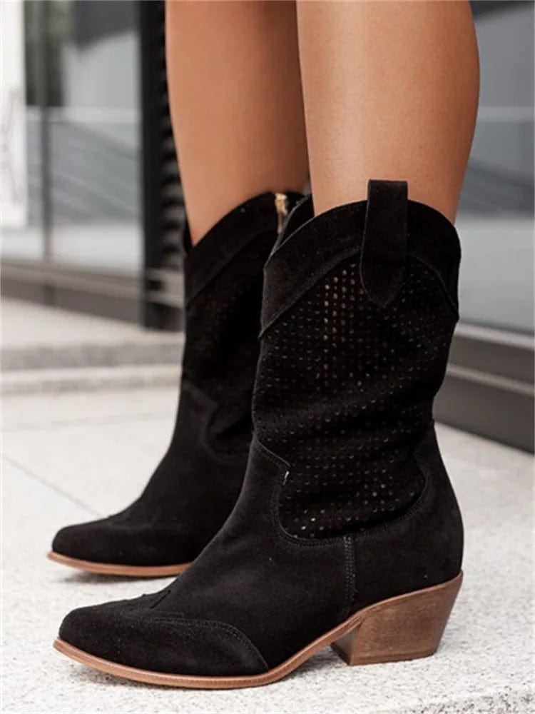 Women's Western Boots with Perforated Panels and Side Zip - Black