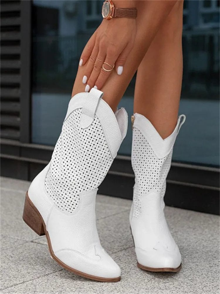 Women's Western Boots with Perforated Panels and Side Zip - White