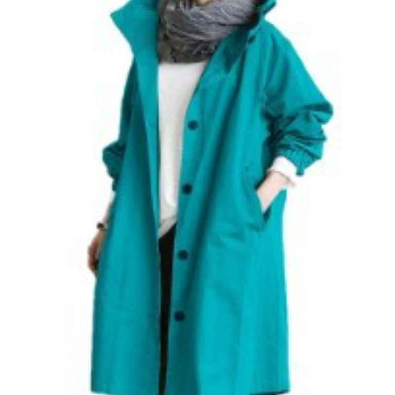Women's Hooded Trench Coat with Button Front and Oversized Fit - Blue