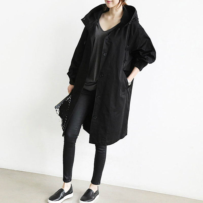 Women's Hooded Trench Coat with Button Front and Oversized Fit - Black
