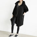Women's Hooded Trench Coat with Button Front and Oversized Fit - Black