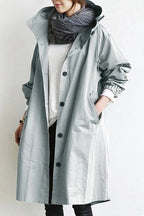 Women's Hooded Trench Coat with Button Front and Oversized Fit - Light Grey