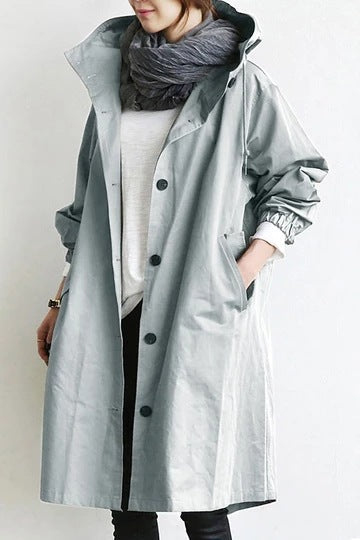 Women's Hooded Trench Coat with Button Front and Oversized Fit - Light Grey