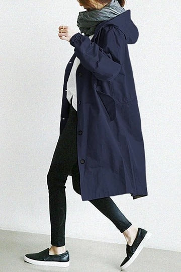 Women's Hooded Trench Coat with Button Front and Oversized Fit - Navy Blue
