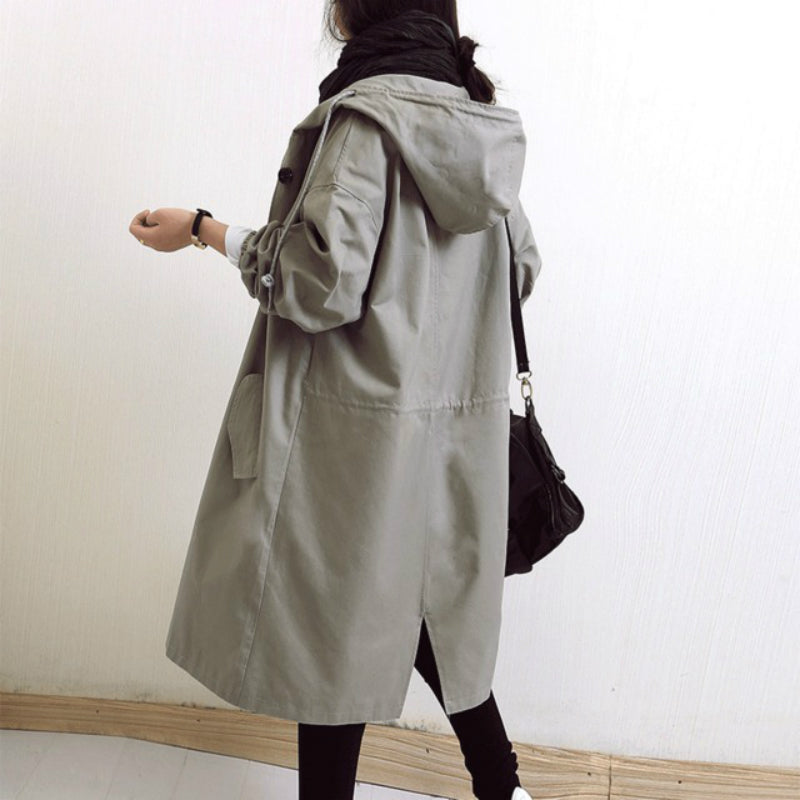 Women's Hooded Trench Coat with Button Front and Oversized Fit - Grey