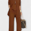 Women's Three-Piece Set with Longline Cardigan and Relaxed Trousers - Dark Brown