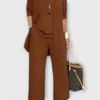 Women's Three-Piece Set with Longline Cardigan and Relaxed Trousers - Dark Brown