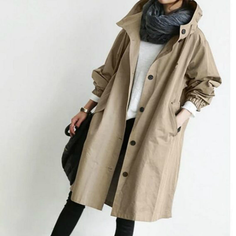 Women's Hooded Trench Coat with Button Front and Oversized Fit - Khaki