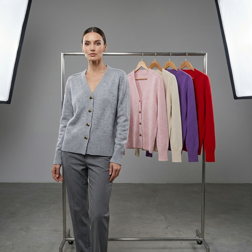 Women's Button-Up Cardigan with V-Neck and Long Sleeves - Grey