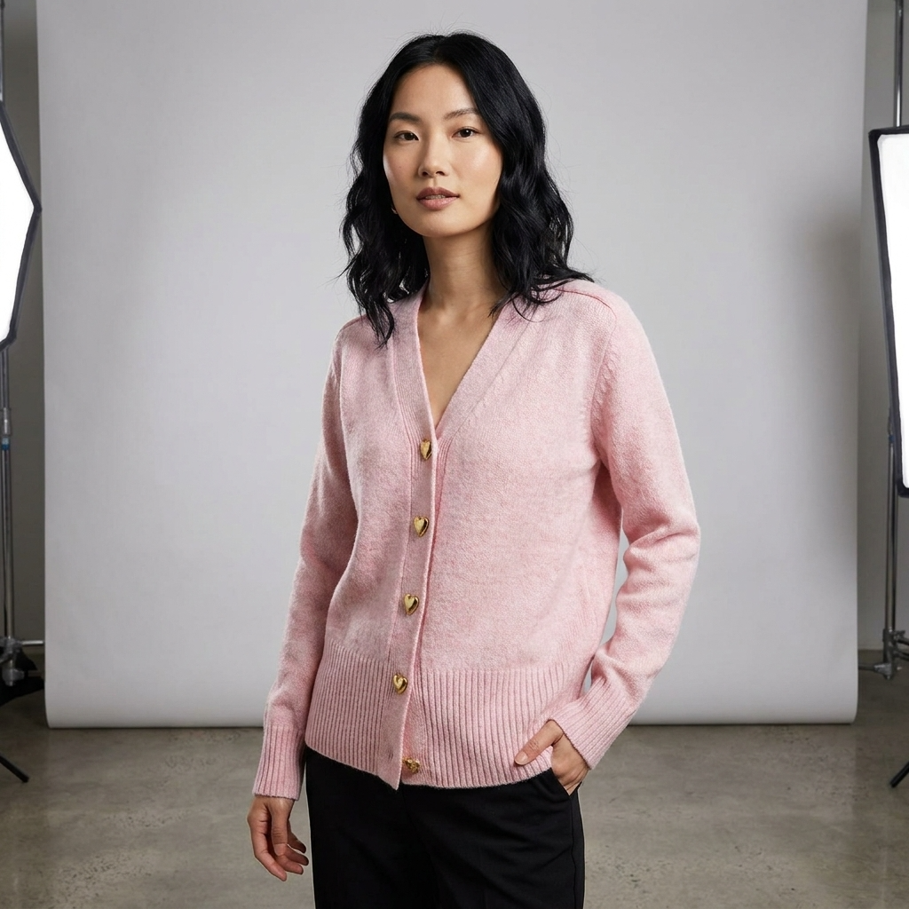 Women's Button-Up Cardigan with V-Neck and Long Sleeves - Pink