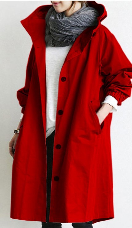 Women's Hooded Trench Coat with Button Front and Oversized Fit - Red