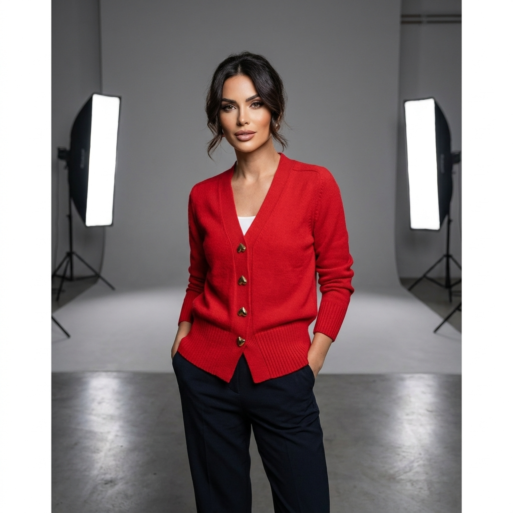 Women's Button-Up Cardigan with V-Neck and Long Sleeves - Red