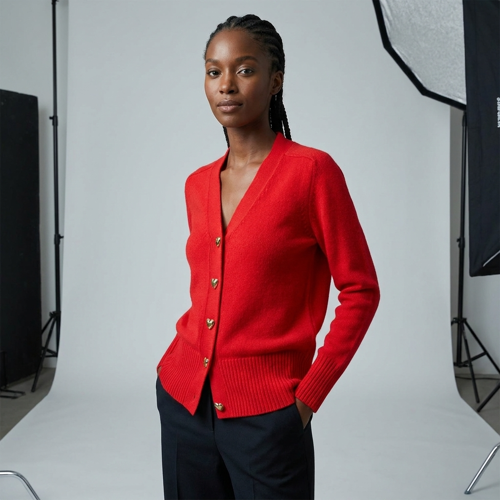 Women's Button-Up Cardigan with V-Neck and Long Sleeves - 10