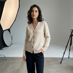 Women's Button-Up Cardigan with V-Neck and Long Sleeves - 11