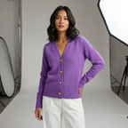 Women's Button-Up Cardigan with V-Neck and Long Sleeves - 12