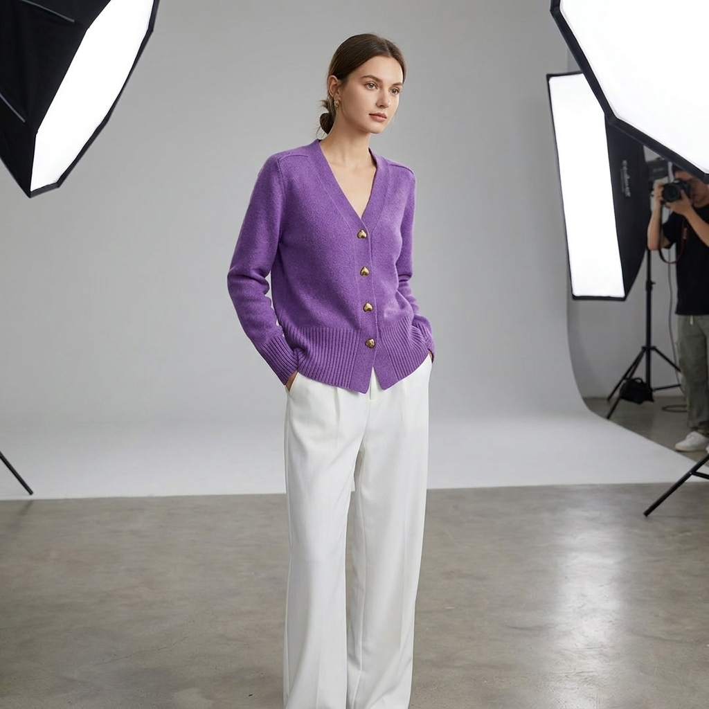 Women's Button-Up Cardigan with V-Neck and Long Sleeves - 13
