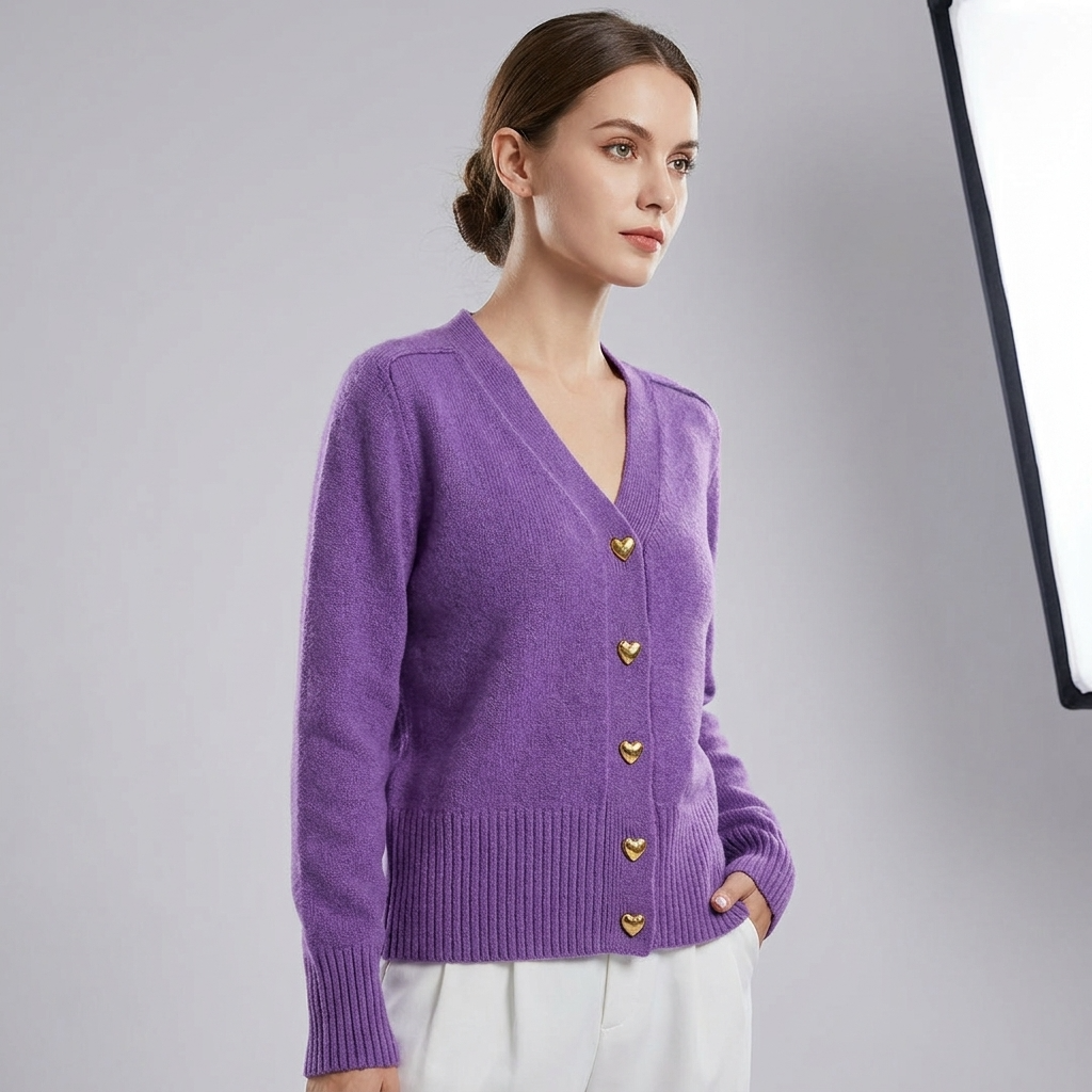 Women's Button-Up Cardigan with V-Neck and Long Sleeves - Purple