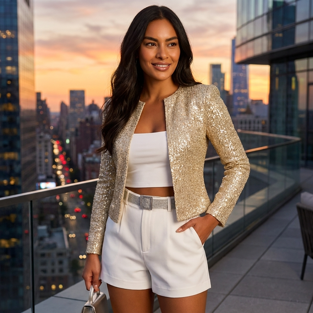 Women's Sequin Mini Blazer Long Sleeve Collarless Open Front - 9