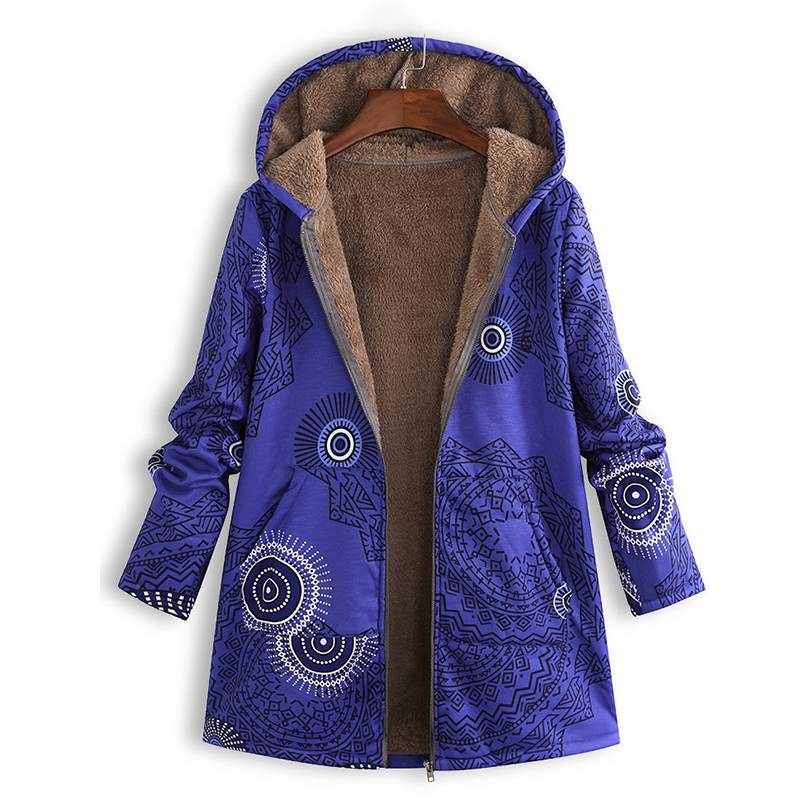 Women's Hooded Jacket with Floral Print and Front Pockets - Purple