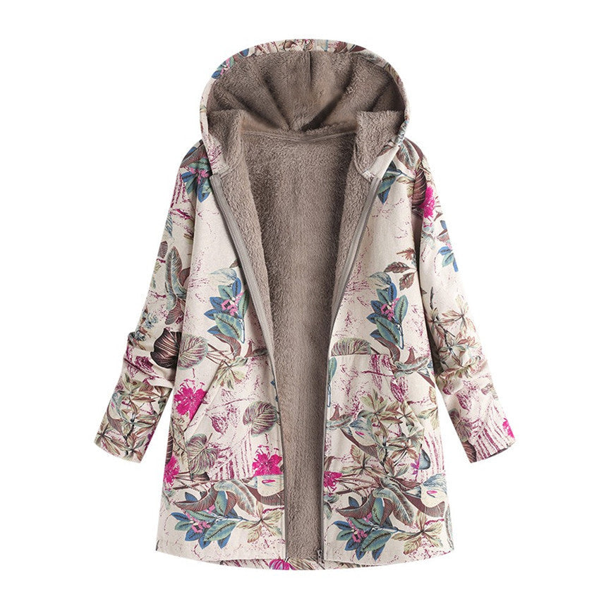 Women's Hooded Jacket with Floral Print and Front Pockets - White
