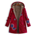 Women's Hooded Jacket with Floral Print and Front Pockets - Red