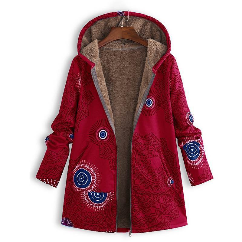Women's Hooded Jacket with Floral Print and Front Pockets - Red