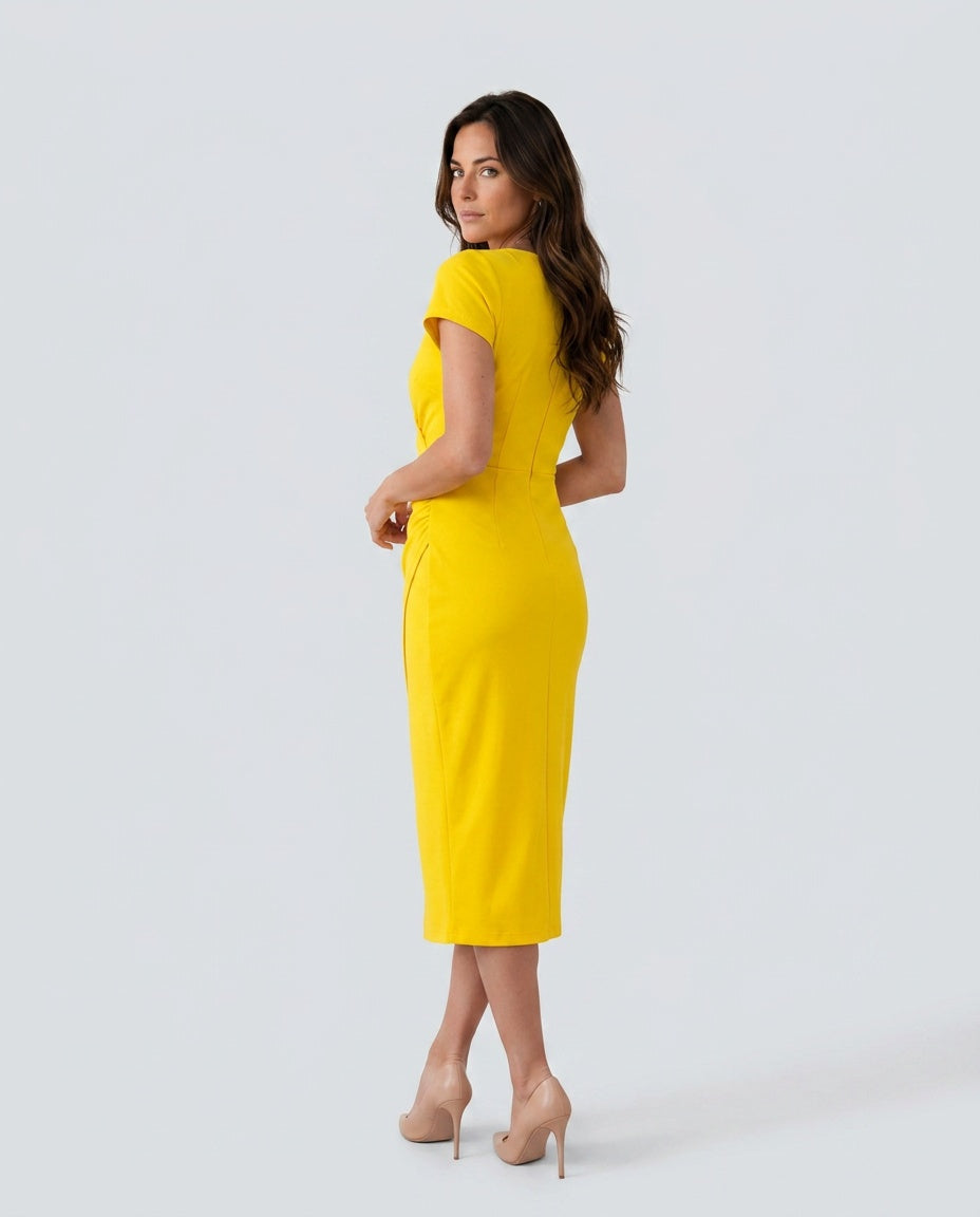 Women's Wrap Midi Dress with Draped Skirt and V-Neck - 3